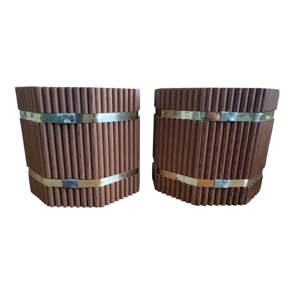 Set Of 2 Vintage Barrel-Style Wood Containers Planters For Trinkets, Storage